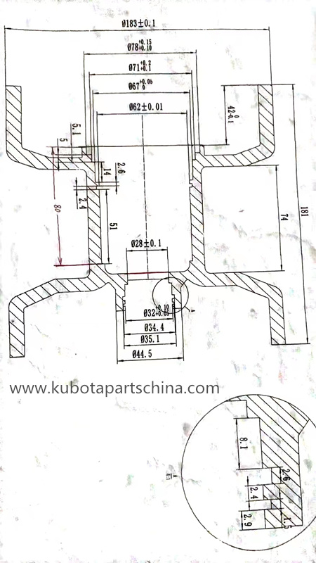 Drawing and Diameters Size of Track Roller W180 Kubota DC70 harvester Parts